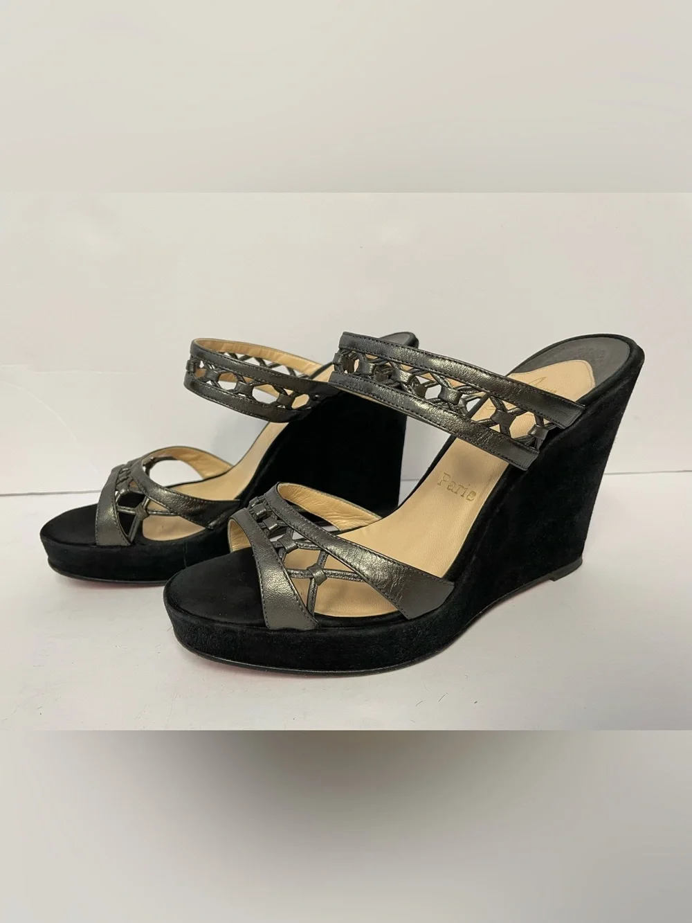 Christian Louboutin Black Suede and Metallic Grey Wedge Sandals